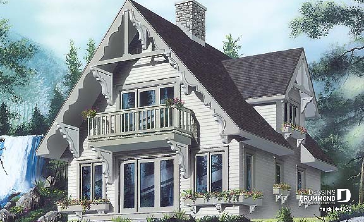 Vue avant - MODÈLE DE BASE - Plan de style chalet Suisse avec 3 chambres, 2 salles de bain, foyer ouvert au séjour et salle à manger - Heidi