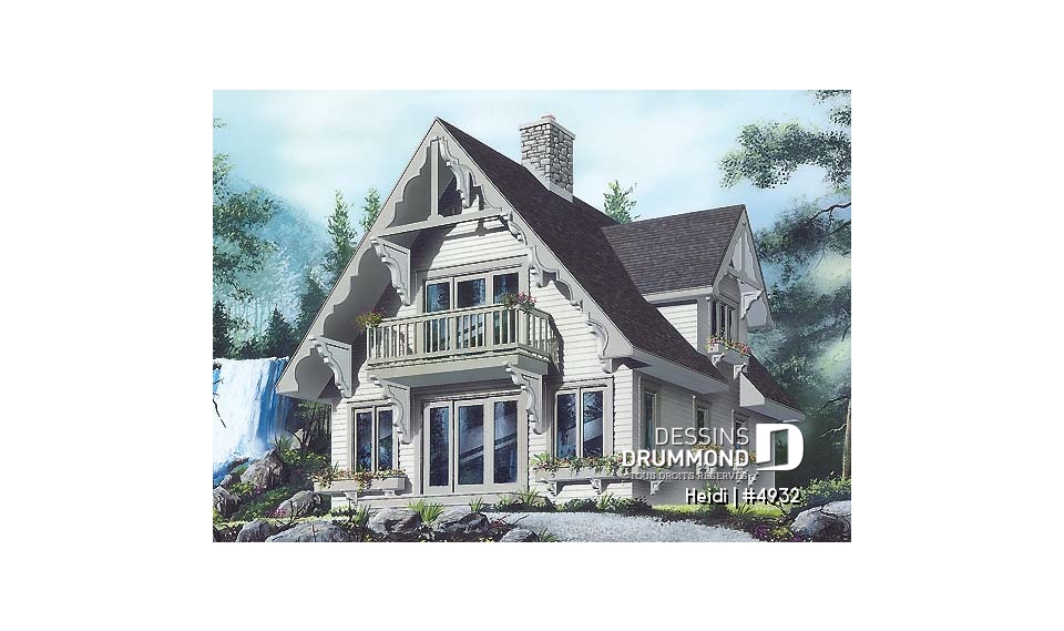 Vue avant - MODÈLE DE BASE - Plan de style chalet Suisse avec 3 chambres, 2 salles de bain, foyer ouvert au séjour et salle à manger - Heidi