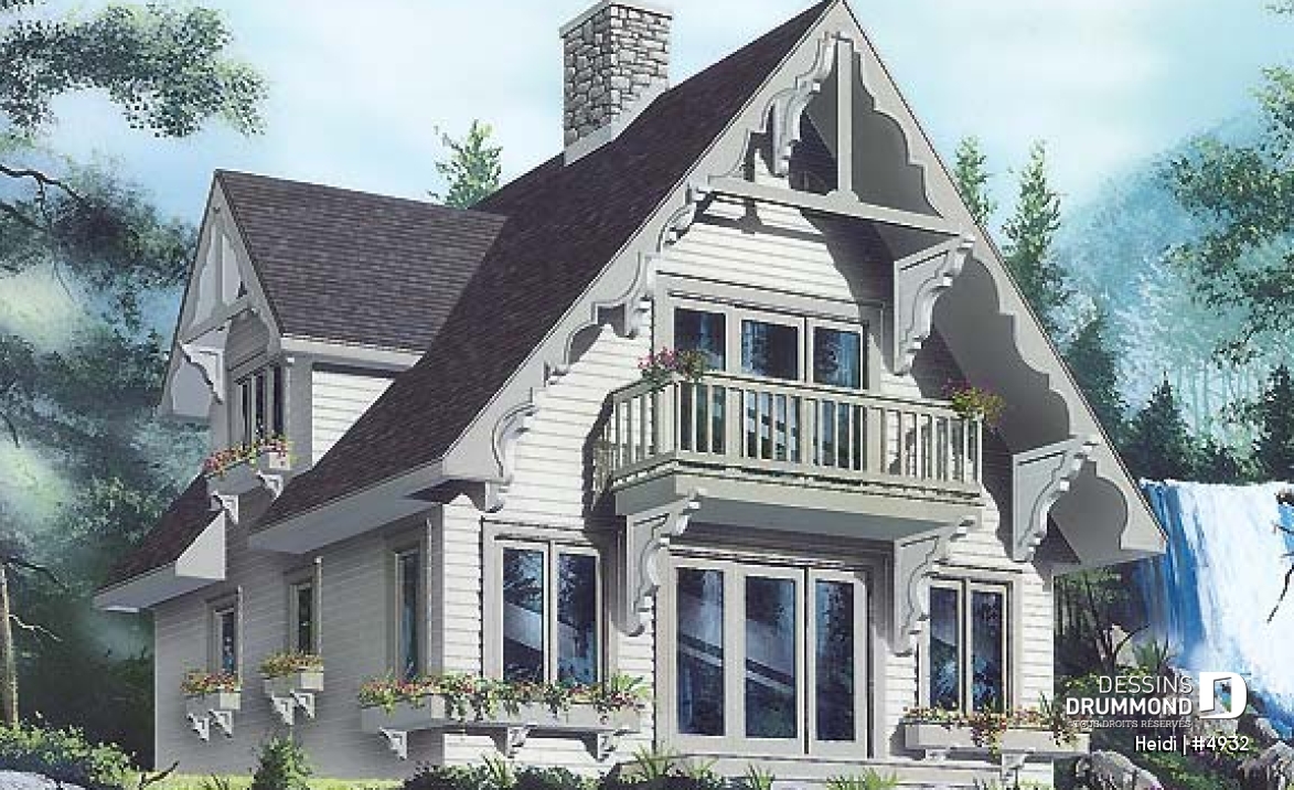 Vue avant - MODÈLE DE BASE - Plan de style chalet Suisse avec 3 chambres, 2 salles de bain, foyer ouvert au séjour et salle à manger - Heidi