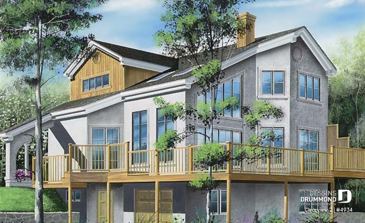 Vue arrière - MODÈLE DE BASE - Plan de chalet lumineux, 3 chambres avec 2 salles de séjour et mezzanine, garage - Clearview 2