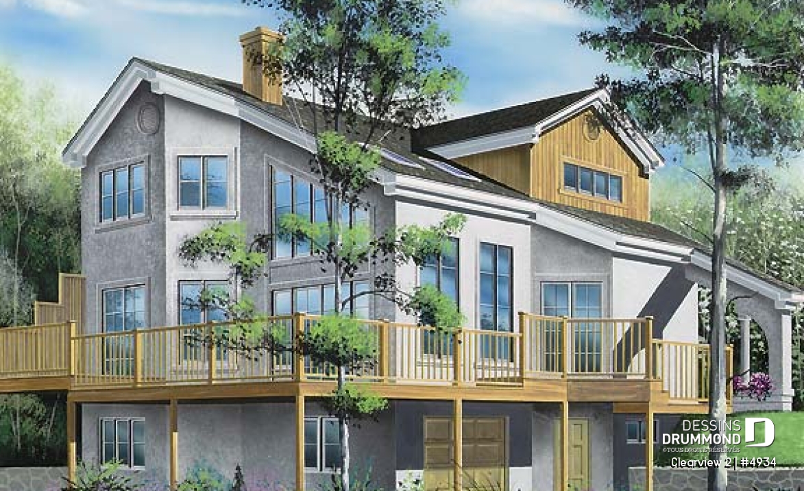 Vue arrière - MODÈLE DE BASE - Plan de chalet lumineux, 3 chambres avec 2 salles de séjour et mezzanine, garage - Clearview 2
