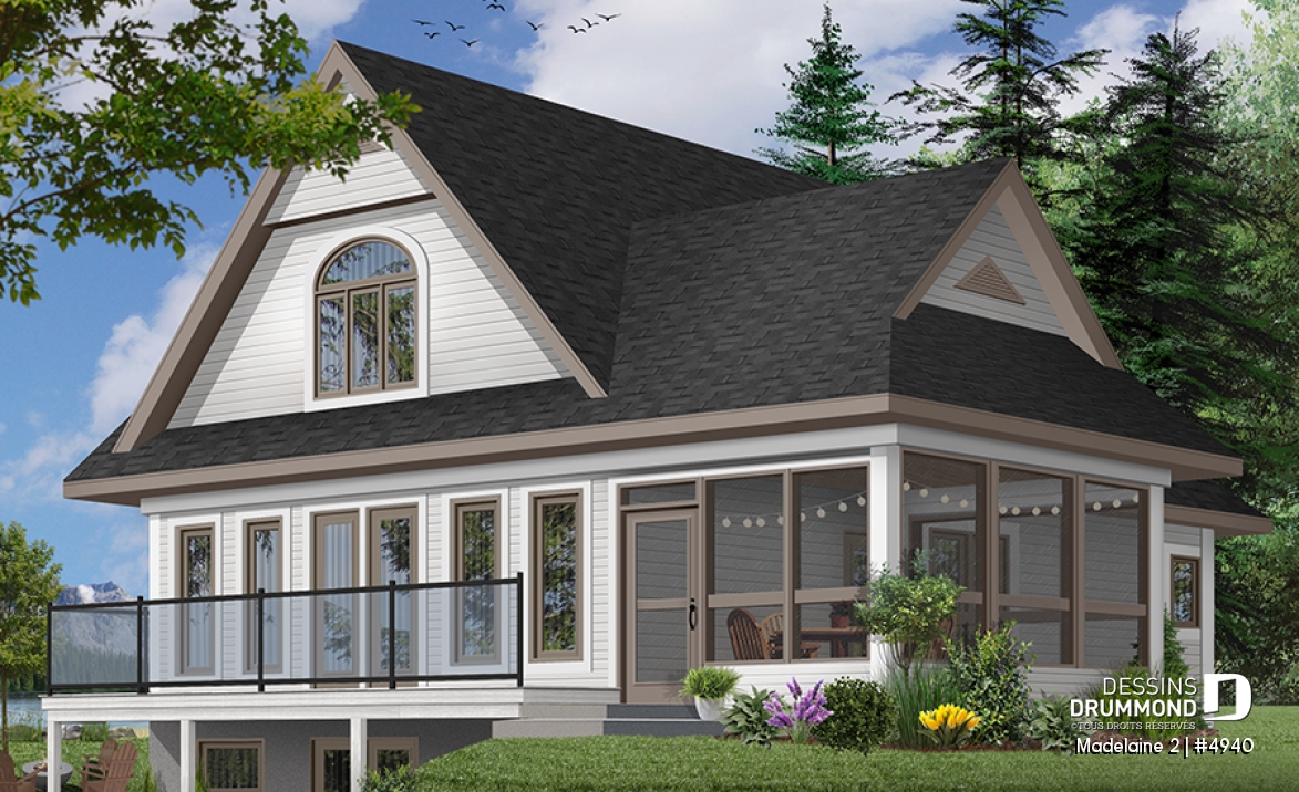 Vue arrière - MODÈLE DE BASE - Très populaire plan de chalet 2 chambres avec abri-moustiquaire et foyer imposant,superbe terrasse - Madelaine 2