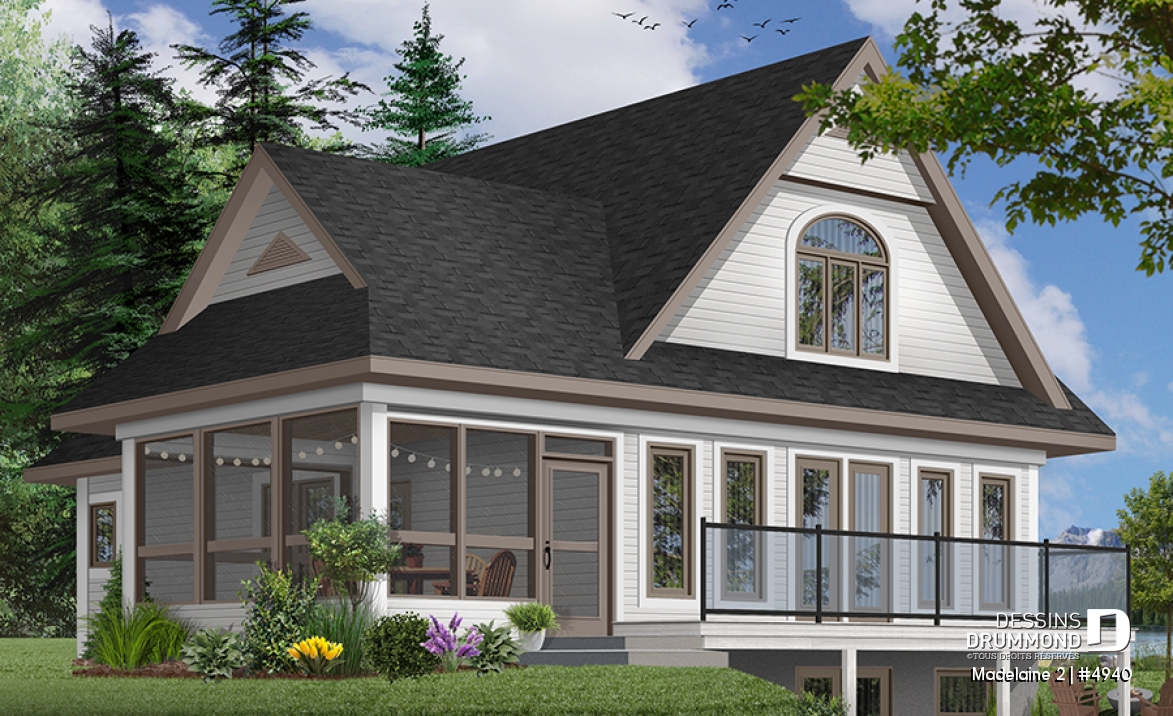 Vue arrière - MODÈLE DE BASE - Très populaire plan de chalet 2 chambres avec abri-moustiquaire et foyer imposant,superbe terrasse - Madelaine 2