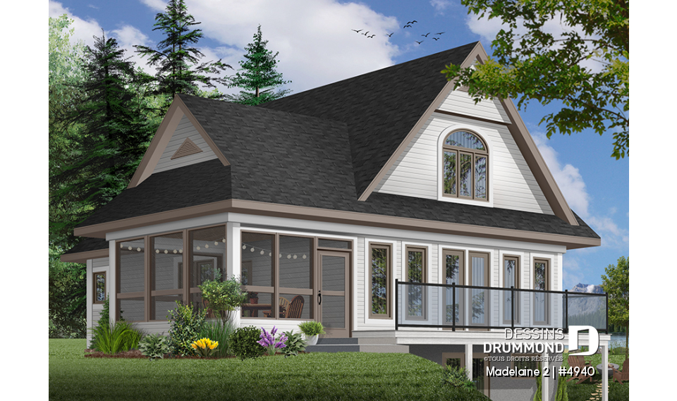Vue arrière - MODÈLE DE BASE - Très populaire plan de chalet 2 chambres avec abri-moustiquaire et foyer imposant,superbe terrasse - Madelaine 2