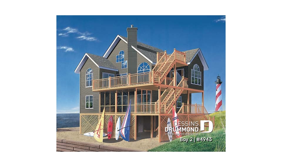 Vue avant - MODÈLE DE BASE - Plan de chalet 3 étages, idéal pour bord de lac, 5 chambres, 3.5 salles de bain, foyer au salon, mezzanine - Bay 2