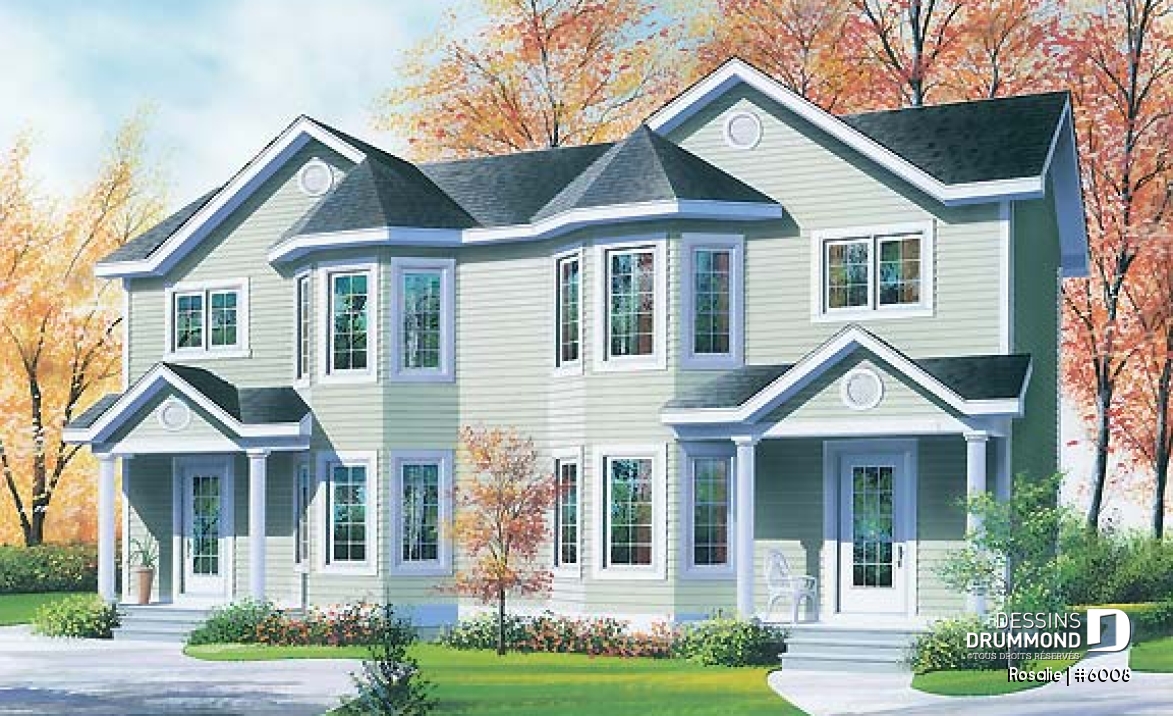 Vue avant - MODÈLE DE BASE - Plan de semi-détaché à étage, 2 à 3 chambres, 2 s. de bain, style victorien, belle fenestration, garde-manger - Rosalie