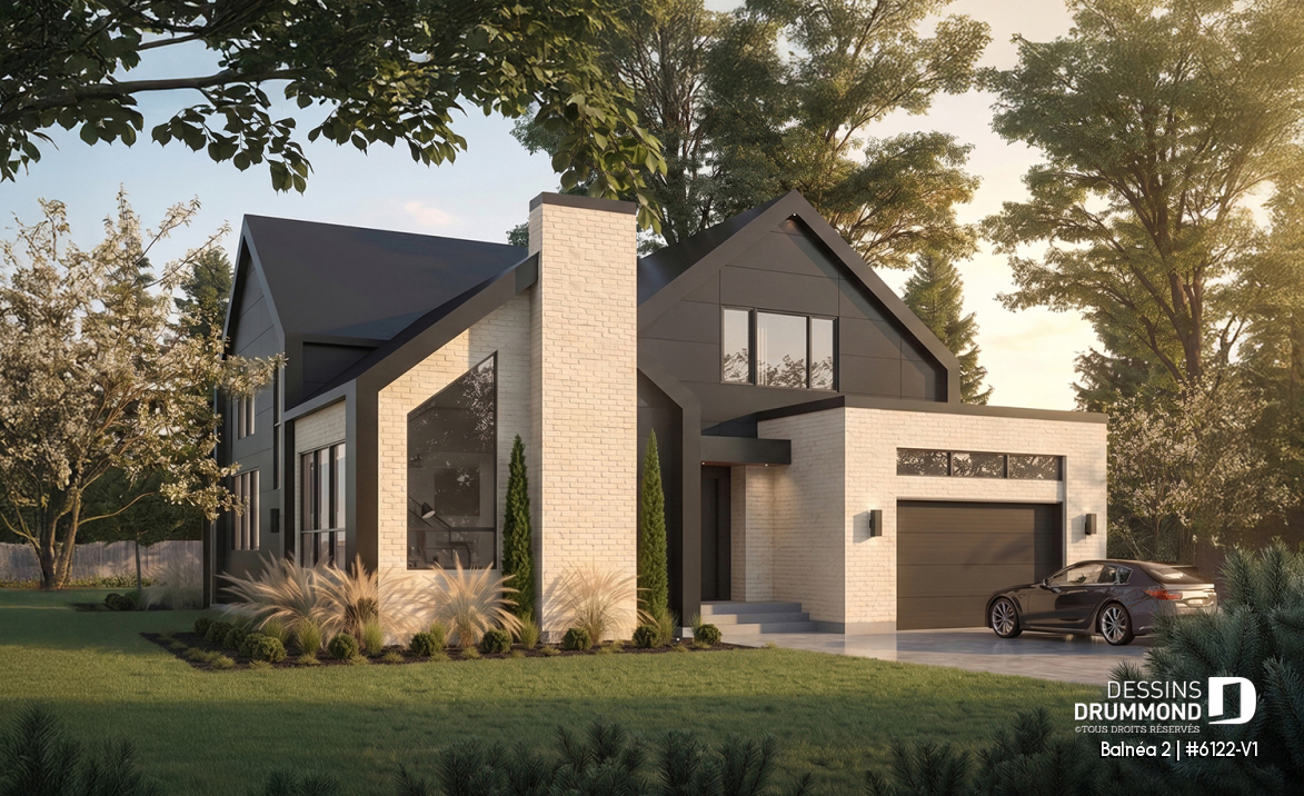 Vue avant - MODÈLE DE BASE - Plan de maison moderne à étage avec superbe suite parentale, plafond cathédrale et poêle à bois STÛV - Balnéa 2