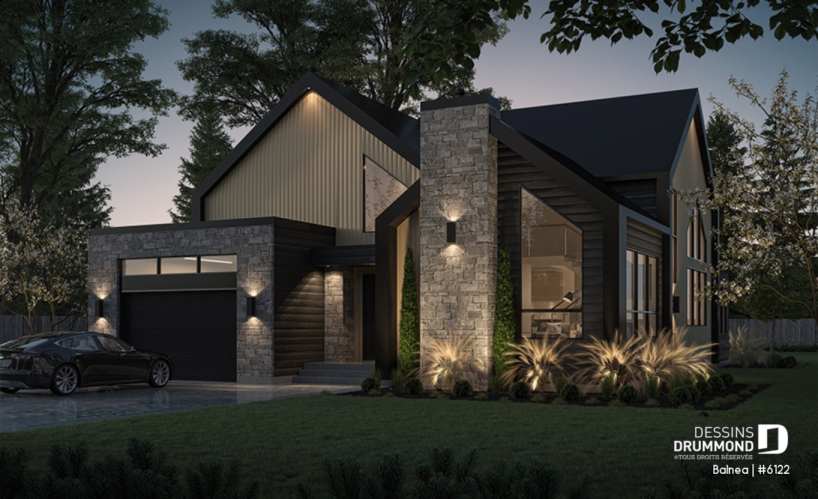 Vue avant - MODÈLE DE BASE - Modèle maison scandinave, superbe suite parentale, foyer central, grande luminosité, s-sol aménagé optionnel - Balnea