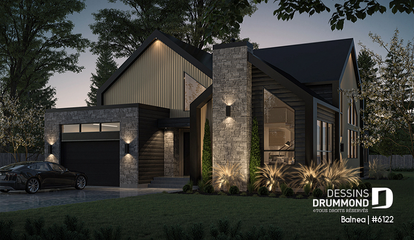 Vue avant - MODÈLE DE BASE - Modèle maison scandinave, superbe suite parentale, foyer central, grande luminosité, s-sol aménagé optionnel - Balnea