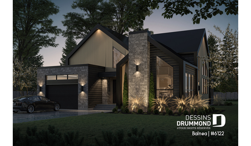 Vue avant - MODÈLE DE BASE du plan de maison unifamiliale 6122 Vue avant - MODÈLE DE BASE - Modèle maison scandinave, superbe suite parentale, foyer central, grande luminosité, s-sol aménagé optionnel - Balnea