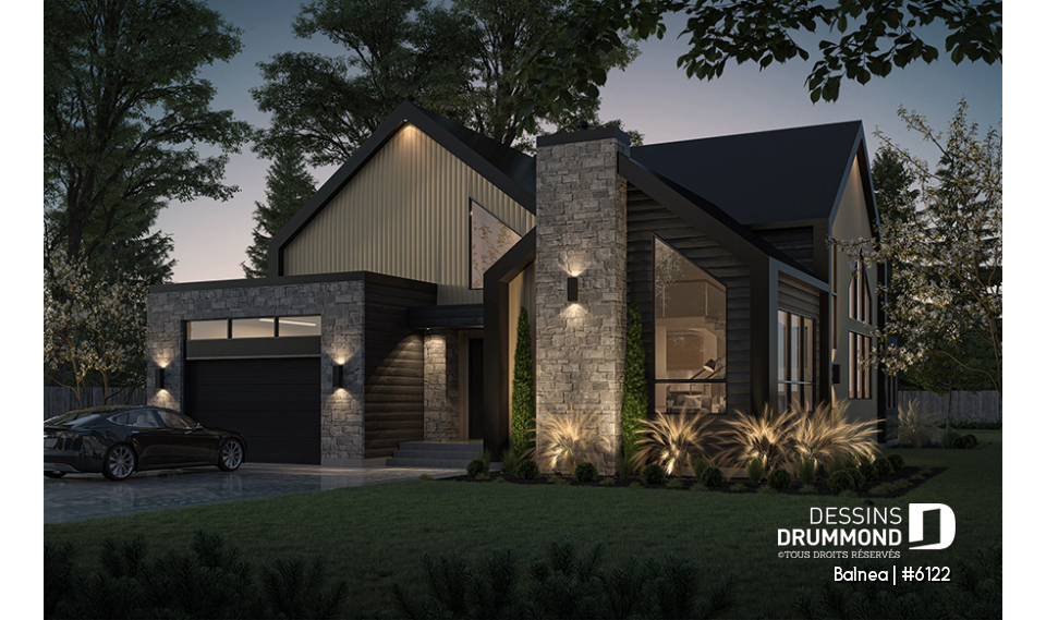 Vue avant - MODÈLE DE BASE - Modèle maison scandinave, superbe suite parentale, foyer central, grande luminosité, s-sol aménagé optionnel - Balnea