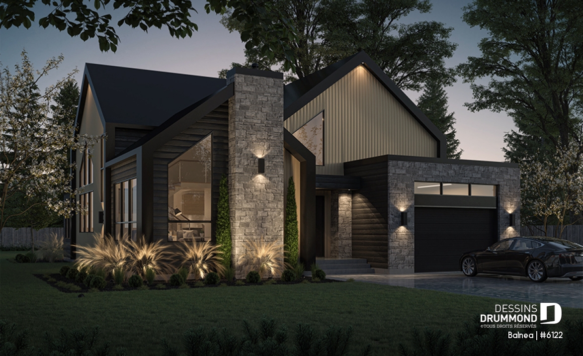 Vue avant - MODÈLE DE BASE - Modèle maison scandinave, superbe suite parentale, foyer central, grande luminosité, s-sol aménagé optionnel - Balnea