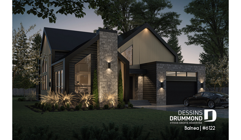 Vue avant - MODÈLE DE BASE - Modèle maison scandinave, superbe suite parentale, foyer central, grande luminosité, s-sol aménagé optionnel - Balnea