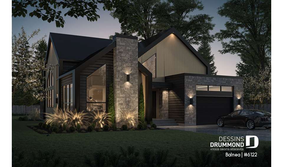 Vue avant - MODÈLE DE BASE - Modèle maison scandinave, superbe suite parentale, foyer central, grande luminosité, s-sol aménagé optionnel - Balnea