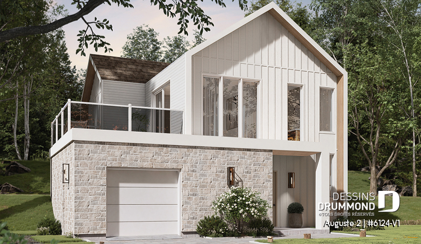 Vue avant - MODÈLE DE BASE - Plan de maison moderne scandinave, planchers inversés, 3 chambres au rez-de-chaussée et aire commune à l'étage - Auguste 2