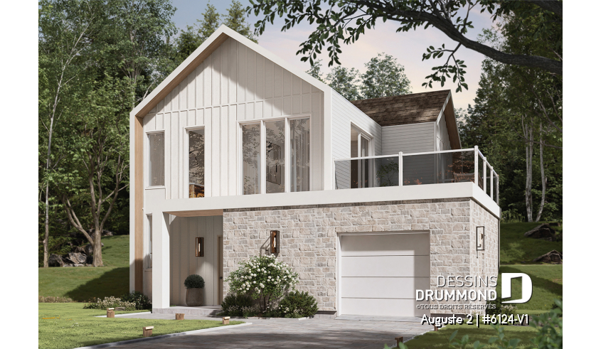 Vue avant - MODÈLE DE BASE du plan de maison unifamiliale 6124-V1 Vue avant - MODÈLE DE BASE - Plan de maison moderne scandinave, planchers inversés, 3 chambres au rez-de-chaussée et aire commune à l'étage - Auguste 2