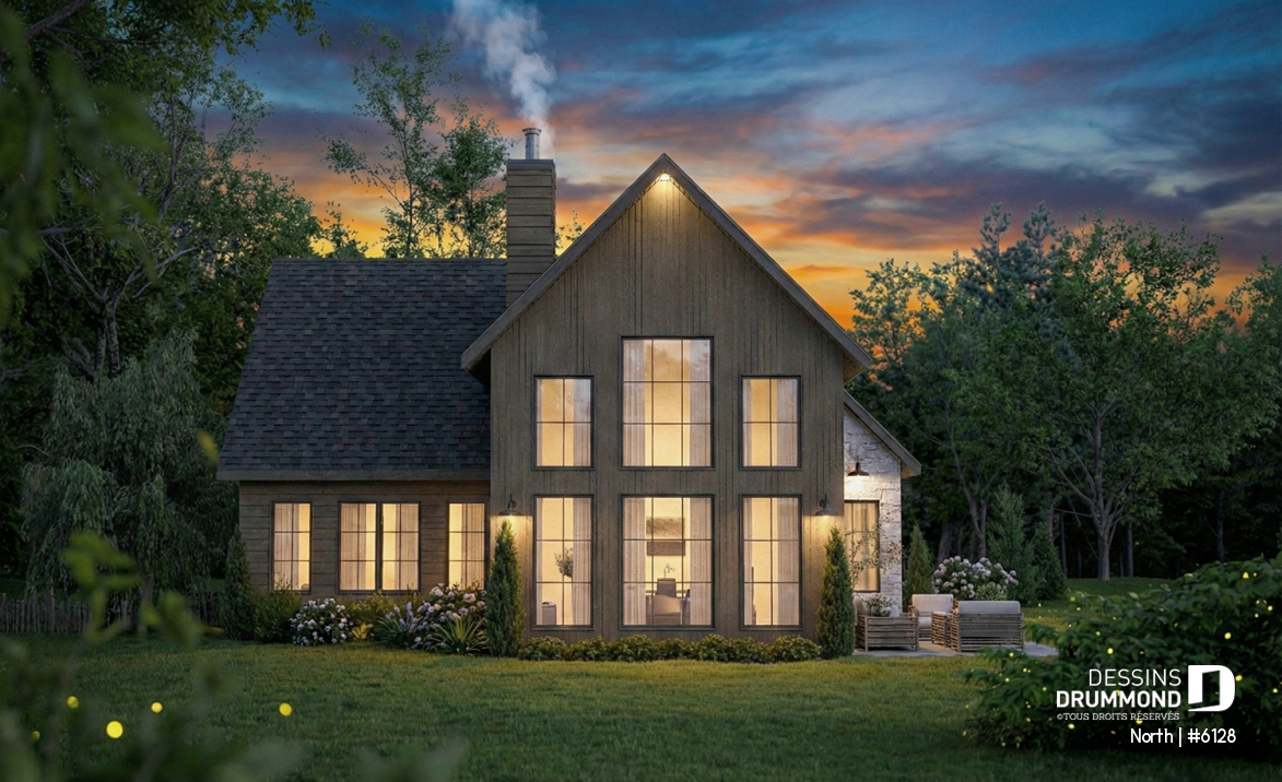 Vue arrière - MODÈLE DE BASE - Plan de maison à étage North (#6128) avec garage, 2 chambres + option 3e, lumineux avec foyer STÛV s21 - North