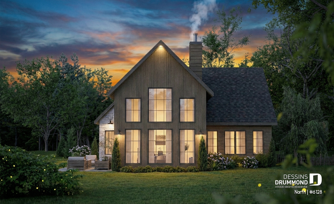 Vue arrière - MODÈLE DE BASE - Plan de maison à étage North (#6128) avec garage, 2 chambres + option 3e, lumineux avec foyer STÛV s21 - North