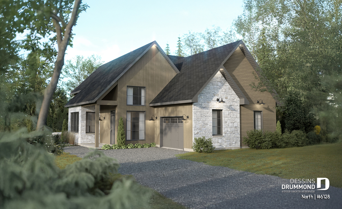 Vue avant - MODÈLE DE BASE - Plan de maison à étage North (#6128) avec garage, 2 chambres + option 3e, lumineux avec foyer STÛV s21 - North