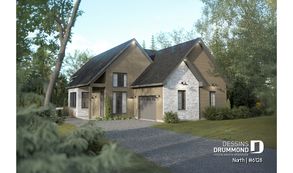Vue avant - MODÈLE DE BASE - Plan de maison à étage North (#6128) avec garage, 2 chambres + option 3e, lumineux avec foyer STÛV s21 - North