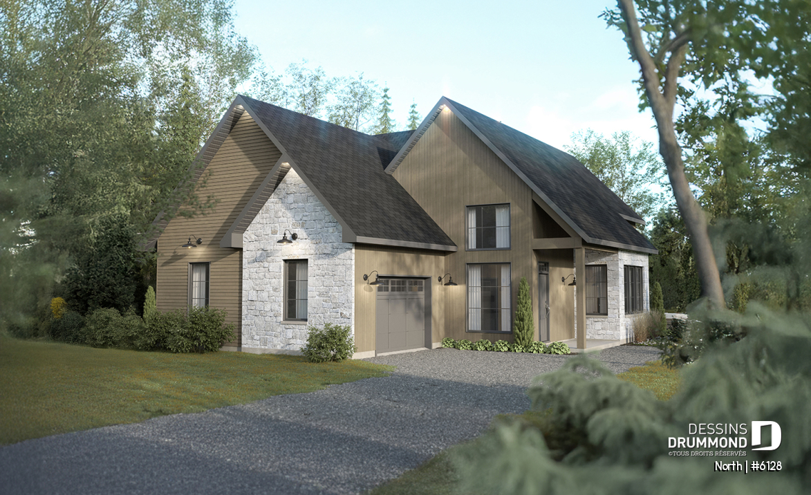 Vue avant - MODÈLE DE BASE - Plan de maison à étage North (#6128) avec garage, 2 chambres + option 3e, lumineux avec foyer STÛV s21 - North