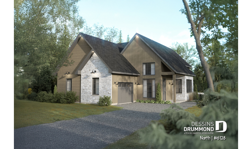 Vue avant - MODÈLE DE BASE - Plan de maison à étage North (#6128) avec garage, 2 chambres + option 3e, lumineux avec foyer STÛV s21 - North
