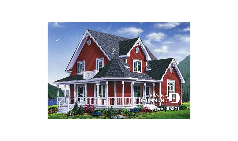 Vue avant - MODÈLE DE BASE - Plan de maison champêtre, à étages, 3 chambres avec plafond cathédrale, jolie finition extérieure - Fougère