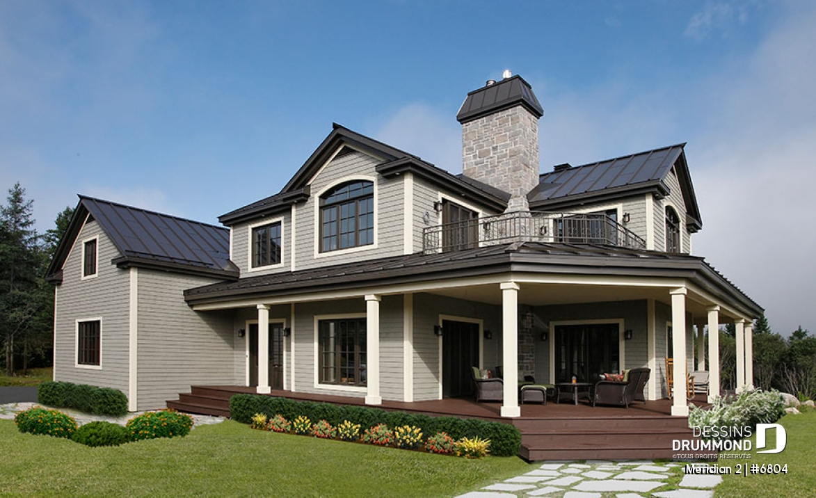 Vue avant - MODÈLE DE BASE - Plan de maison panoramique, galerie abritée sur 3 faces, garage double, terrasse aux maîtres, 3 chambres. - Meridian 2