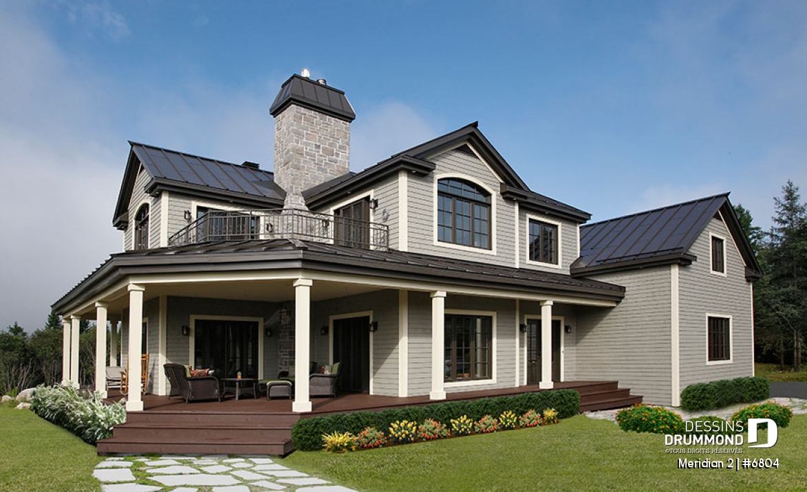 Vue avant - MODÈLE DE BASE - Plan de maison panoramique, galerie abritée sur 3 faces, garage double, terrasse aux maîtres, 3 chambres. - Meridian 2