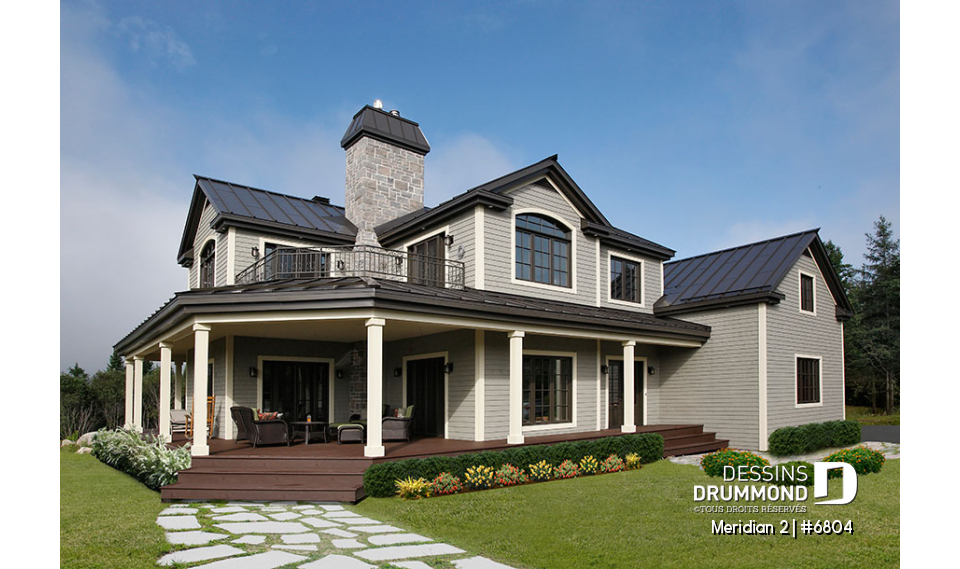 Vue avant - MODÈLE DE BASE - Plan de maison panoramique, galerie abritée sur 3 faces, garage double, terrasse aux maîtres, 3 chambres. - Meridian 2