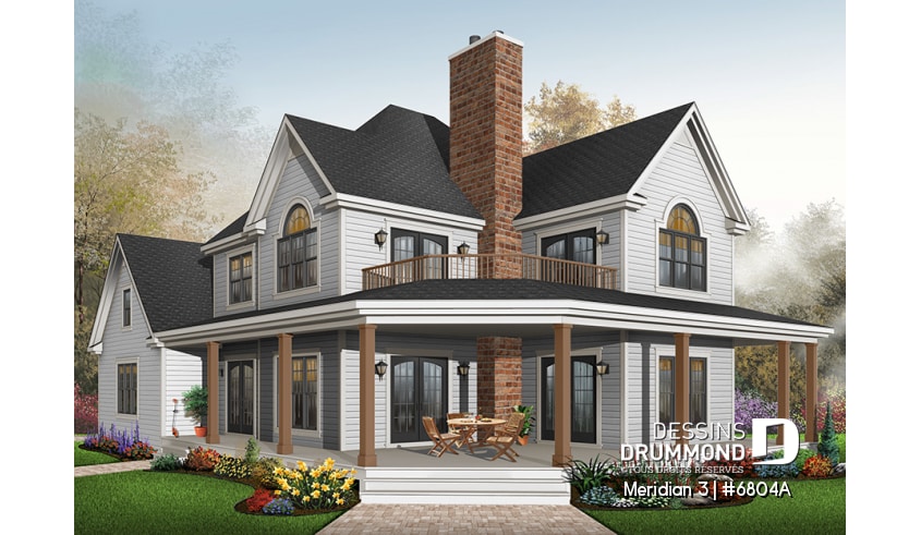 Version couleur no. 3 - Vue avant - Plan d'un cottage panoramique avec garage double, 3 chambres, fenêtrage abondant, coin déjeuner - Meridian 3