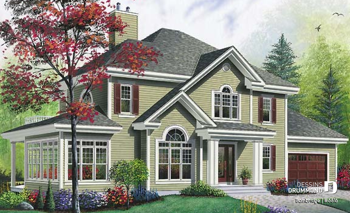 Vue avant - MODÈLE DE BASE - Maison traditionnelle américaine, 3 chambres, salon en contrebas, bureau, belle lumière, garage double - Bainbridge