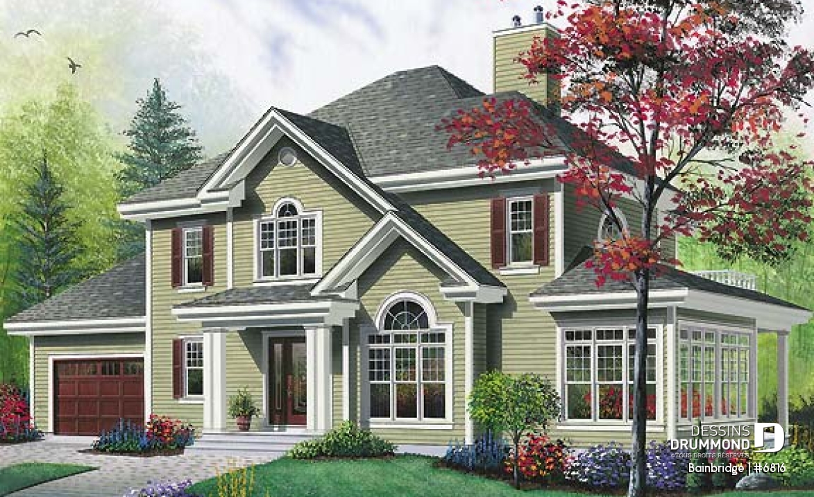 Vue avant - MODÈLE DE BASE - Maison traditionnelle américaine, 3 chambres, salon en contrebas, bureau, belle lumière, garage double - Bainbridge