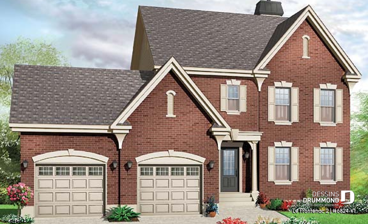 Vue avant - MODÈLE DE BASE - Plan de maison style anglais, garage double, 3 chambres, salle de lavage au RDC., garde-manger - Le Frontenac 2