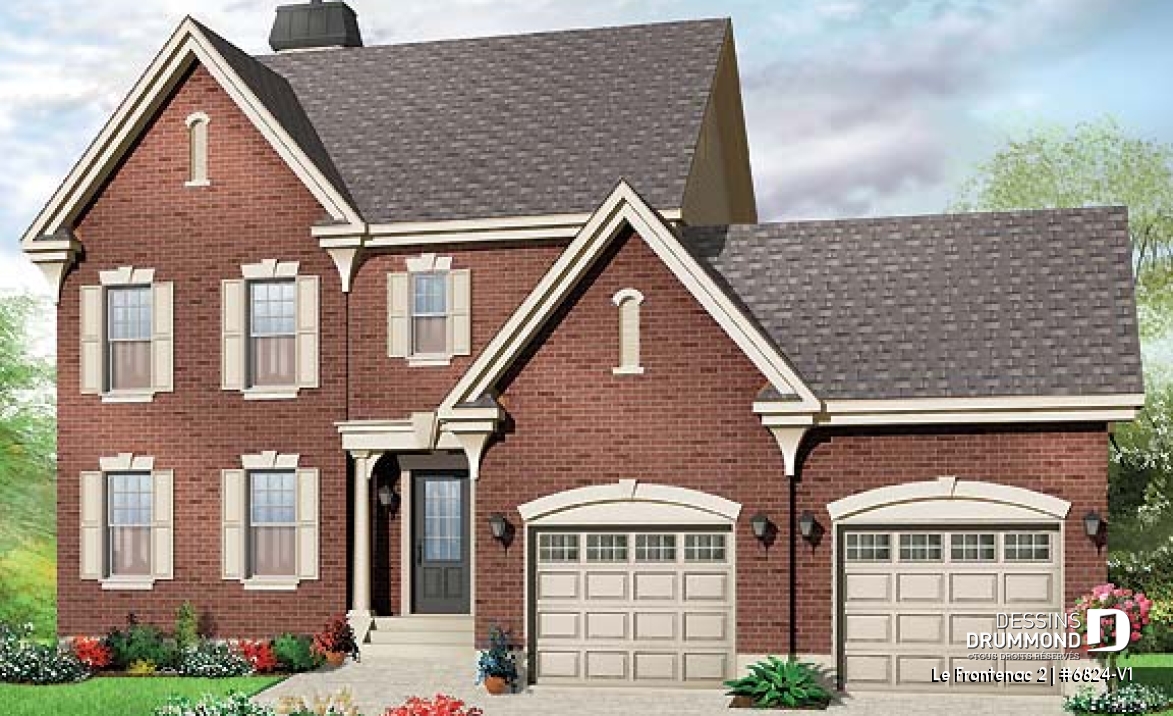 Vue avant - MODÈLE DE BASE - Plan de maison style anglais, garage double, 3 chambres, salle de lavage au RDC., garde-manger - Le Frontenac 2