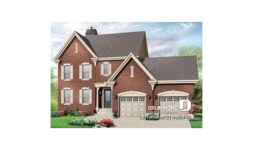Vue avant - MODÈLE DE BASE - Plan de maison style anglais, garage double, 3 chambres, salle de lavage au RDC., garde-manger - Le Frontenac 2