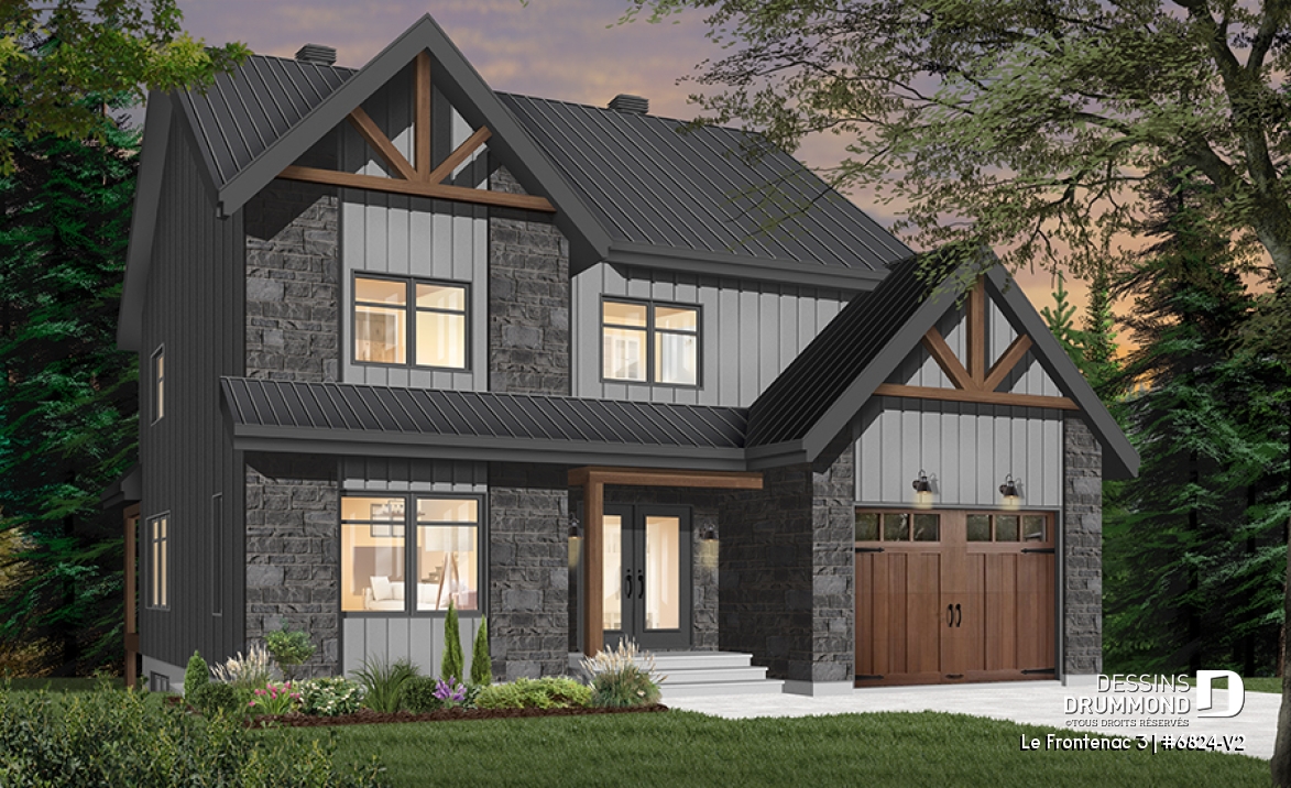 Version couleur no. 3 - Vue avant - Plan de style champêtre rustique avec garage, grande cuisine avec îlot, foyer, suites des parents, 3 chambres - Le Frontenac 3