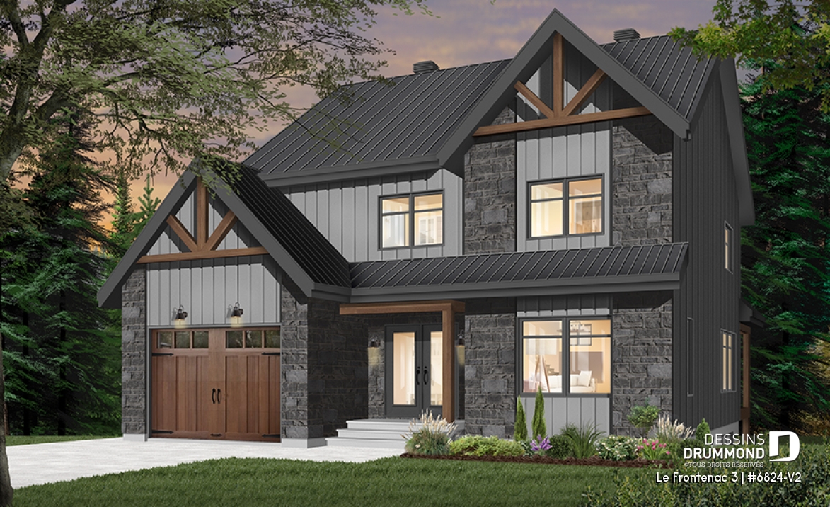 Version couleur no. 3 - Vue avant - Plan de style champêtre rustique avec garage, grande cuisine avec îlot, foyer, suites des parents, 3 chambres - Le Frontenac 3