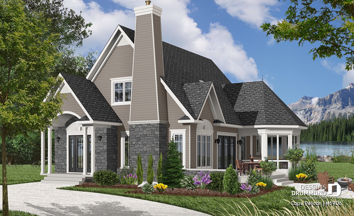 Version couleur no. 7 - Vue avant - Maison genre chalet 4-saisons, chambre maître au r-d-c, foyer, vestibule, grande terrasse, abri moustiquaire - Cape Pelican