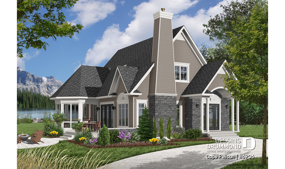 Version couleur no. 7 - Vue avant - Maison genre chalet 4-saisons, chambre maître au r-d-c, foyer, vestibule, grande terrasse, abri moustiquaire - Cape Pelican