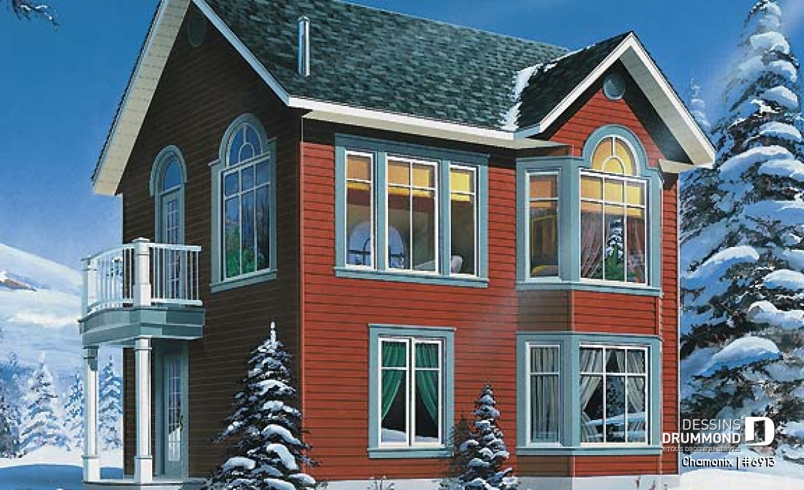 Vue avant - MODÈLE DE BASE - Plan de chalet aux planchers inversés, cuisine et salon à l'étage, chambres au rez-de-chaussée, panoramique - Chamonix