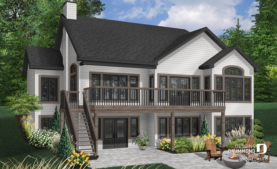 Vue avant - MODÈLE DE BASE - Plan de grande maison ranch, s-sol rez-de-jardin, 1 à 4+ chambres,  2 salles familiales, beaucoup de rangement - Breguet