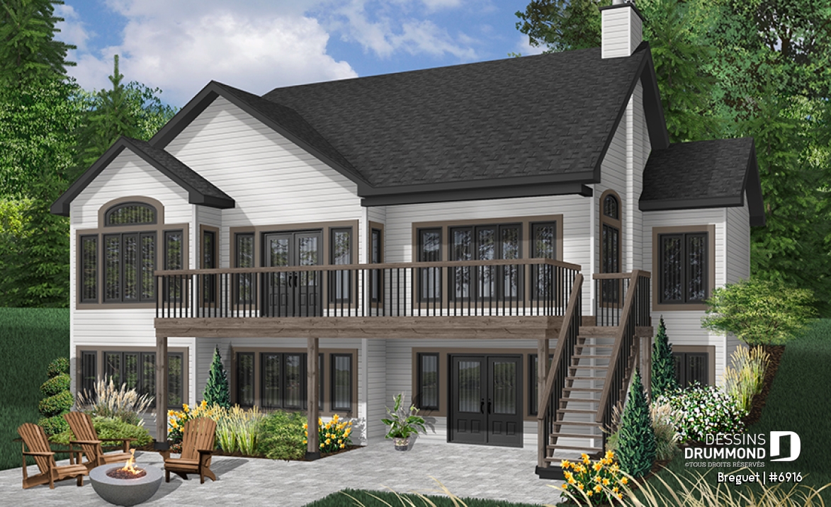 Vue avant - MODÈLE DE BASE - Plan de grande maison ranch, s-sol rez-de-jardin, 1 à 4+ chambres,  2 salles familiales, beaucoup de rangement - Breguet