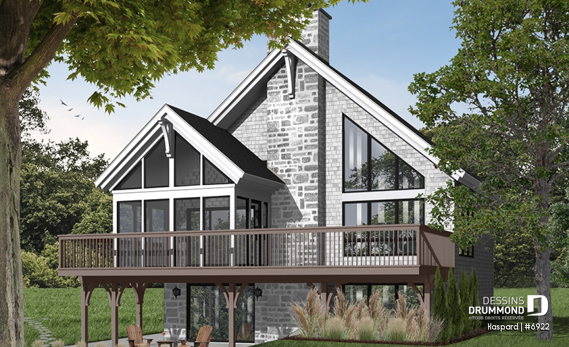 Vue arrière - MODÈLE DE BASE - Plan de chalet style rustic, 4 chambres, 2 salles familiales, foyer, loft à la mezzanine, abri moustiquaire - Kaspard