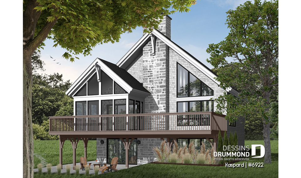 Vue arrière - MODÈLE DE BASE - Plan de chalet style rustic, 4 chambres, 2 salles familiales, foyer, loft à la mezzanine, abri moustiquaire - Kaspard