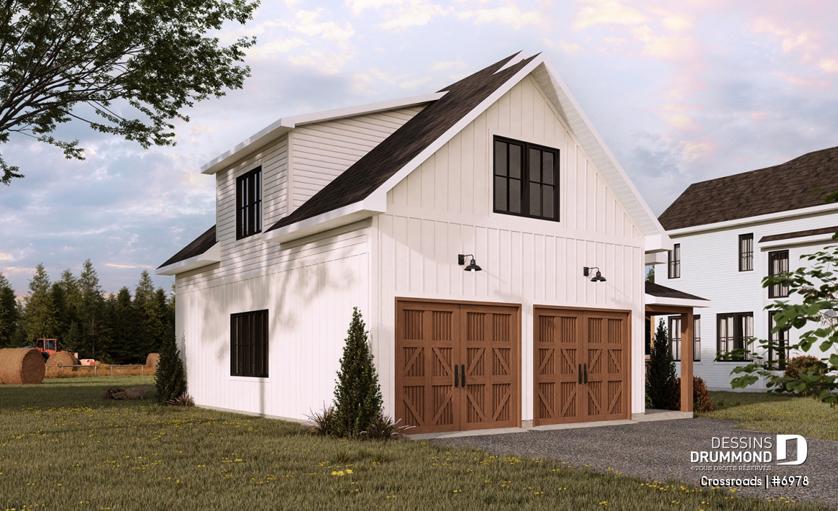 Vue avant - MODÈLE DE BASE - Plan de garage double style farmhouse avec balcon couvert, vaste rangement à l'étage, et salle d'eau prévue. - Crossroads