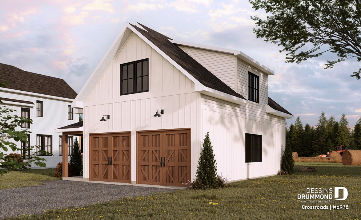 Vue avant - MODÈLE DE BASE - Plan de garage double style farmhouse avec balcon couvert, vaste rangement à l'étage, et salle d'eau prévue. - Crossroads