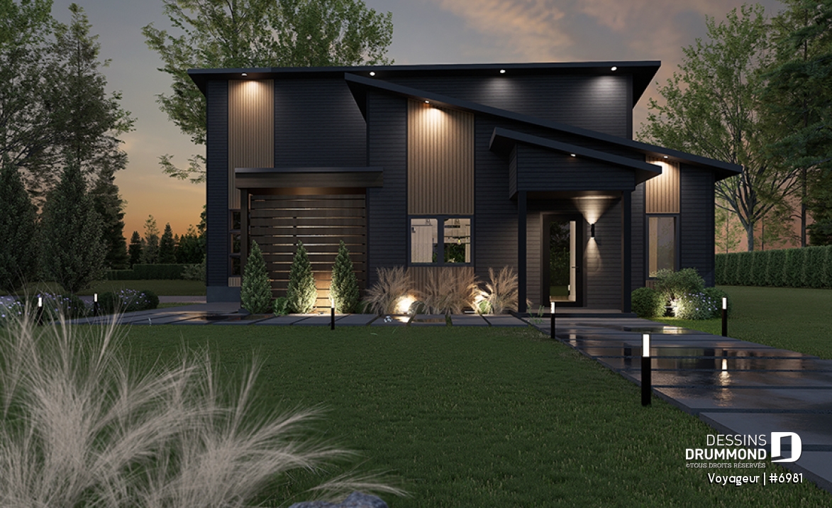 Vue avant - MODÈLE DE BASE - Plan flexible: mini-maison 1 chambre avec garage attaché pour VR OU maison 3 chambres, 3 sdb, avec garage - Voyageur