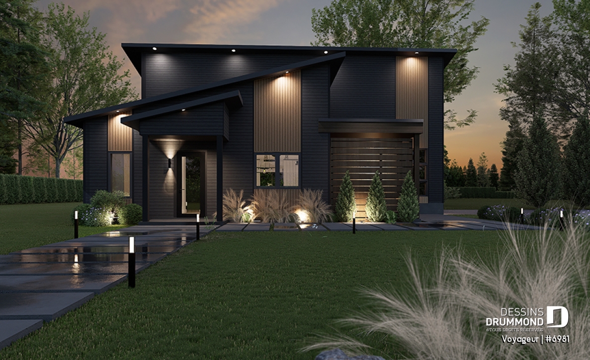 Vue avant - MODÈLE DE BASE - Plan flexible: mini-maison 1 chambre avec garage attaché pour VR OU maison 3 chambres, 3 sdb, avec garage - Voyageur