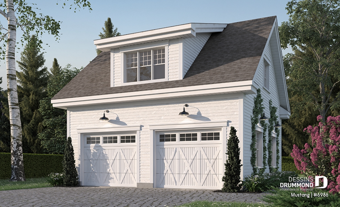 Vue avant - MODÈLE DE BASE - Garage double de deux portes avec rangement à l'étage, style Cape Cod - Mustang